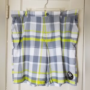 OP FLEX 4 WAY STRETCH WET OR DRY SHORT gray yellow plaid button zipper closure